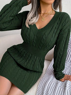 Cable Knit Sweater Dress Women's V-Neck Long Sleeve Peplum Burgundy – Casual, Office, Holiday, Gift