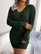 Cable Knit Sweater Dress Women's V-Neck Long Sleeve Peplum Burgundy – Casual, Office, Holiday, Gift