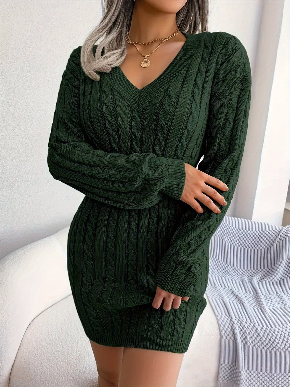 Cable Knit Sweater Dress Women's V-Neck Long Sleeve Peplum Burgundy – Casual, Office, Holiday, Gift