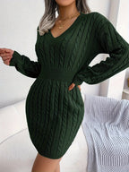 Cable Knit Sweater Dress Women's V-Neck Long Sleeve Peplum Burgundy – Casual, Office, Holiday, Gift