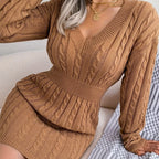 Cable Knit Sweater Dress Women's V-Neck Long Sleeve Peplum Burgundy – Casual, Office, Holiday, Gift
