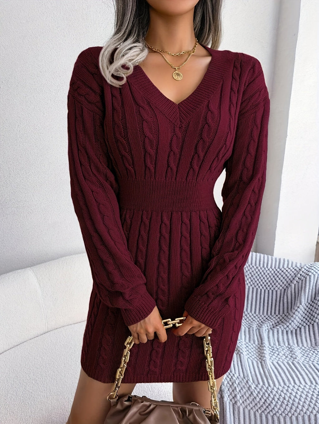 Cable Knit Sweater Dress Women's V-Neck Long Sleeve Peplum Burgundy – Casual, Office, Holiday, Gift