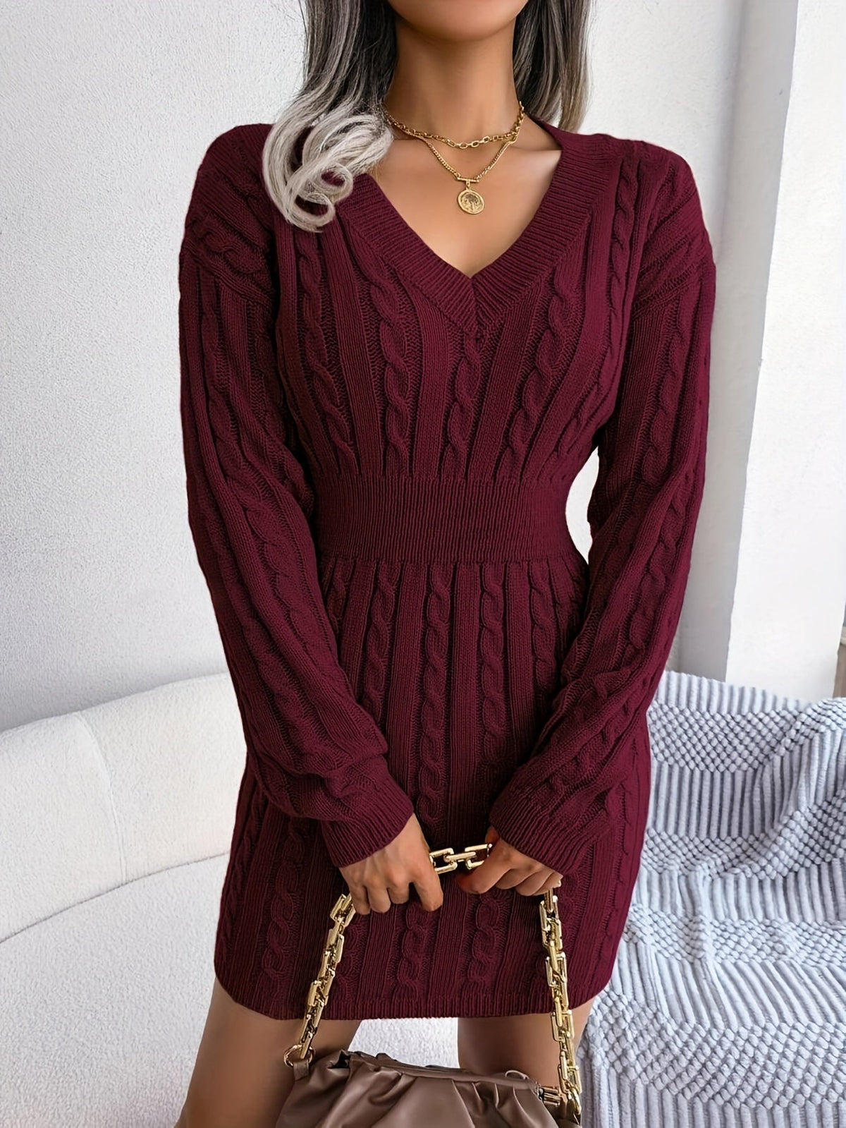 Cable Knit Sweater Dress Women's V-Neck Long Sleeve Peplum Burgundy – Casual, Office, Holiday, Gift