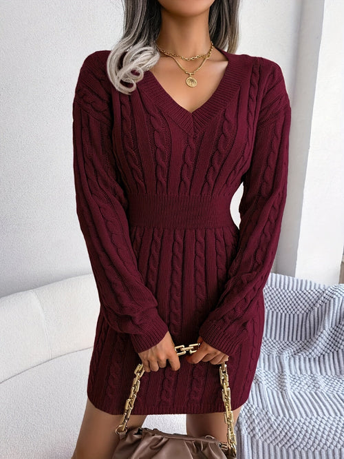 Cable Knit Sweater Dress Women's V-Neck Long Sleeve Peplum Burgundy – Casual, Office, Holiday, Gift