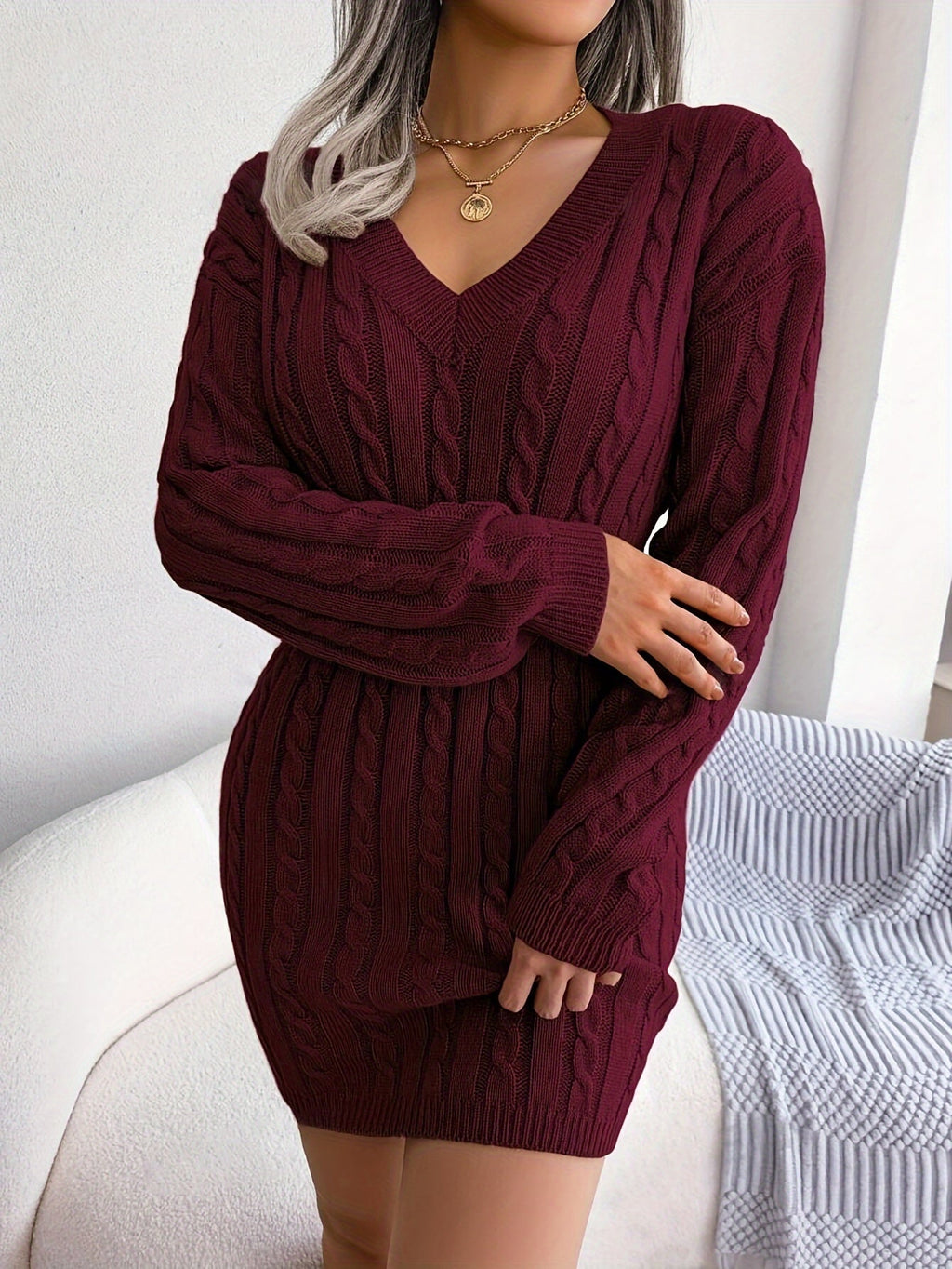 Cable Knit Sweater Dress Women's V-Neck Long Sleeve Peplum Burgundy – Casual, Office, Holiday, Gift