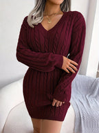 Cable Knit Sweater Dress Women's V-Neck Long Sleeve Peplum Burgundy – Casual, Office, Holiday, Gift