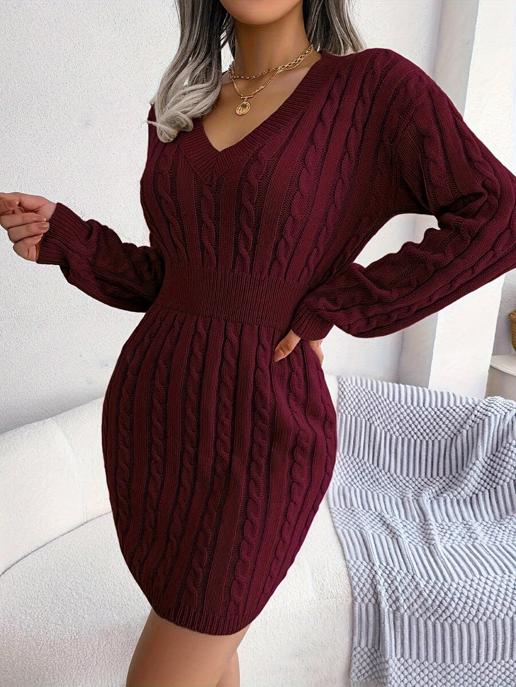 Cable Knit Sweater Dress Women's V-Neck Long Sleeve Peplum Burgundy – Casual, Office, Holiday, Gift