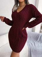 Cable Knit Sweater Dress Women's V-Neck Long Sleeve Peplum Burgundy – Casual, Office, Holiday, Gift
