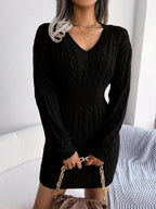 Cable Knit Sweater Dress Women's V-Neck Long Sleeve Peplum Burgundy – Casual, Office, Holiday, Gift