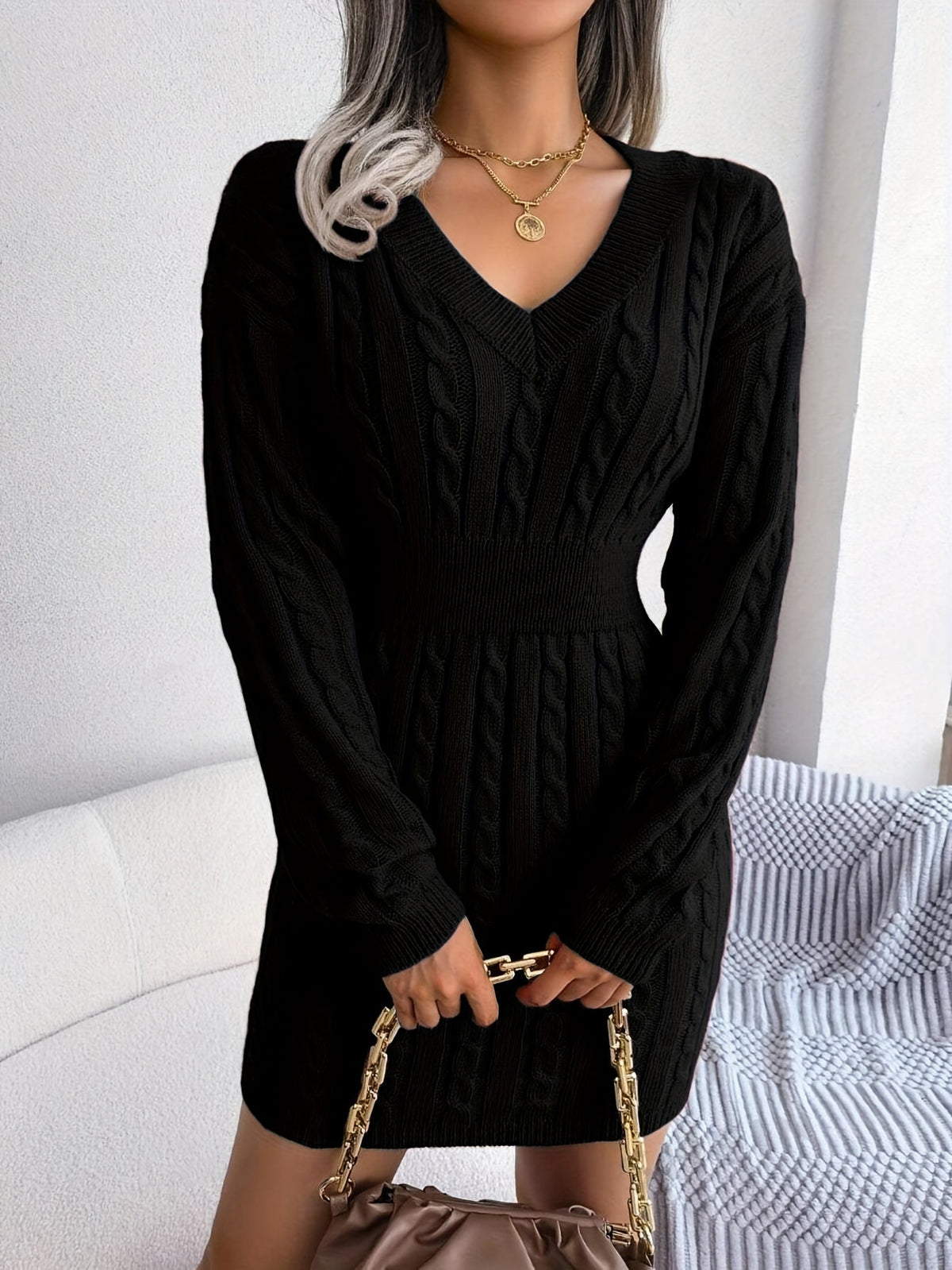 Cable Knit Sweater Dress Women's V-Neck Long Sleeve Peplum Burgundy – Casual, Office, Holiday, Gift