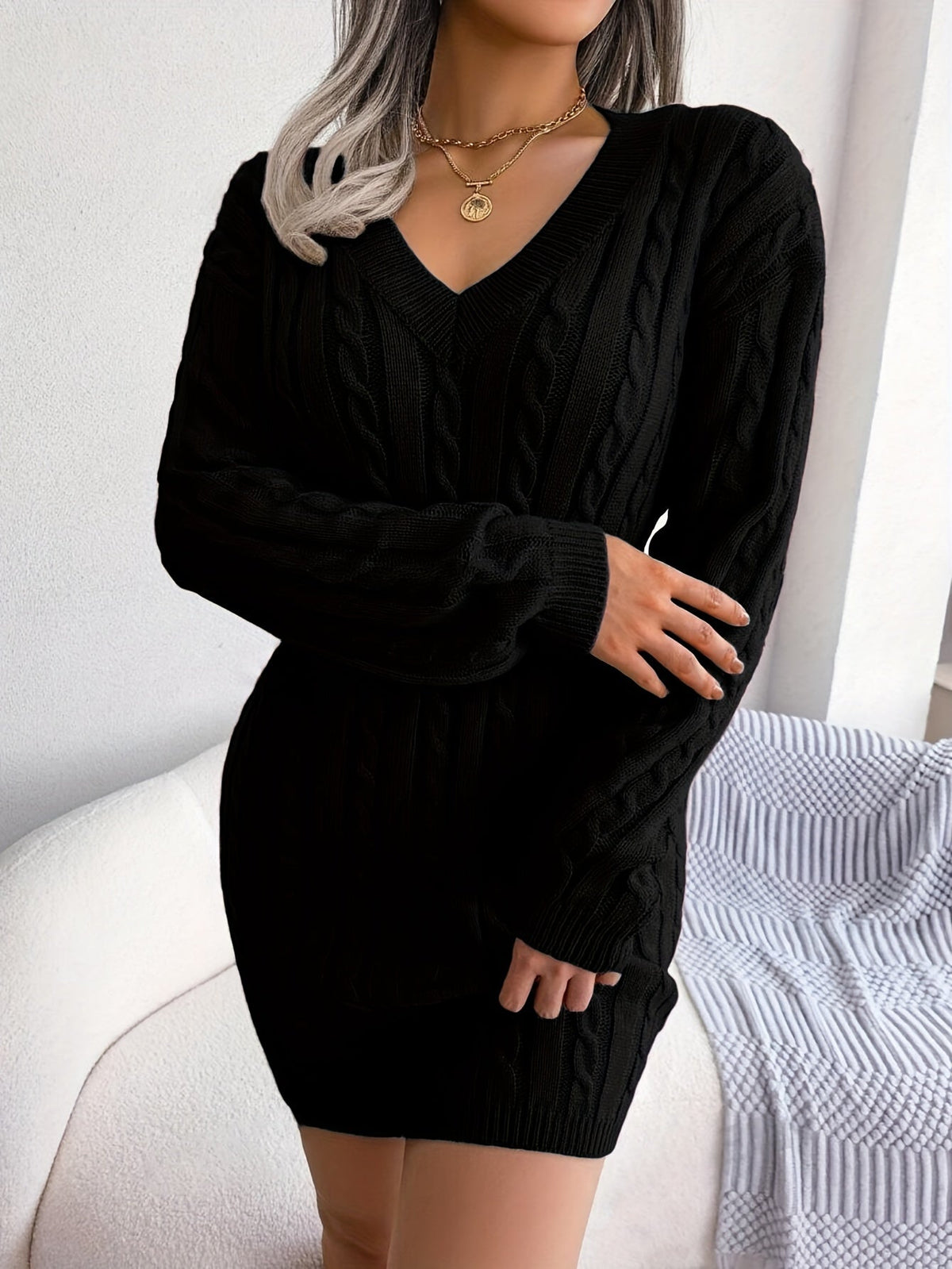 Cable Knit Sweater Dress Women's V-Neck Long Sleeve Peplum Burgundy – Casual, Office, Holiday, Gift