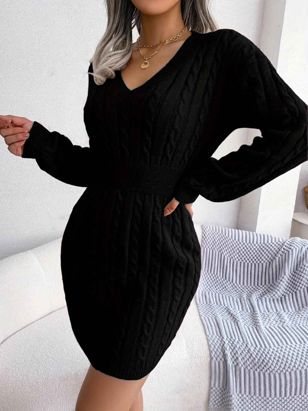 Cable Knit Sweater Dress Women's V-Neck Long Sleeve Peplum Burgundy – Casual, Office, Holiday, Gift