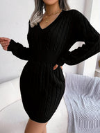 Cable Knit Sweater Dress Women's V-Neck Long Sleeve Peplum Burgundy – Casual, Office, Holiday, Gift