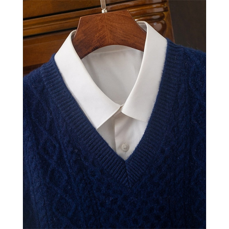 Cable Knit Sweater Vest Men's V-Neck Sleeveless Pullover Beige – Office, Casual · Faylori