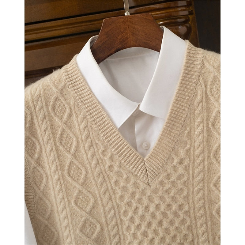 Cable Knit Sweater Vest Men's V-Neck Sleeveless Pullover Beige – Office, Casual · Faylori