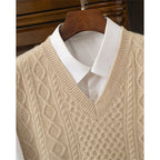 Cable Knit Sweater Vest Men's V-Neck Sleeveless Pullover Beige – Office, Casual · Faylori