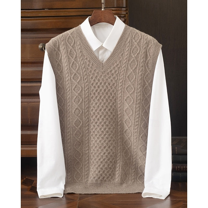 Cable Knit Sweater Vest Men's V-Neck Sleeveless Pullover Beige – Office, Casual · Faylori