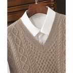 Cable Knit Sweater Vest Men's V-Neck Sleeveless Pullover Beige – Office, Casual · Faylori
