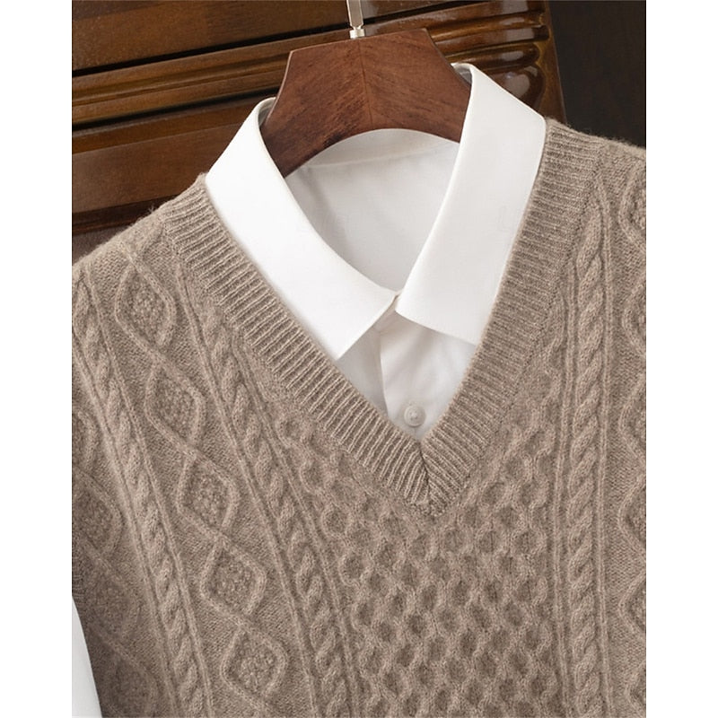 Cable Knit Sweater Vest Men's V-Neck Sleeveless Pullover Beige – Office, Casual · Faylori