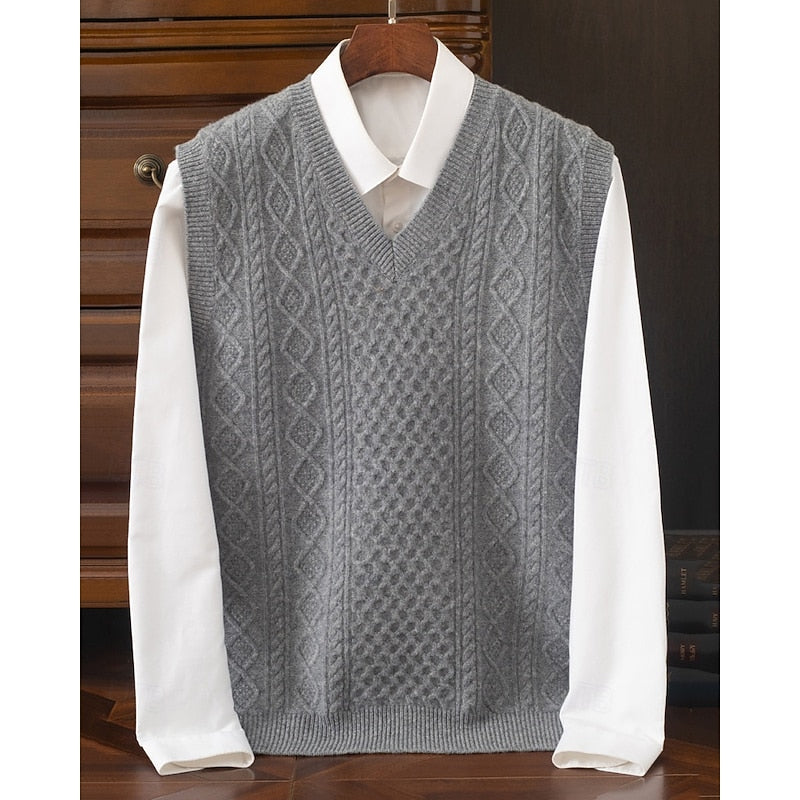 Cable Knit Sweater Vest Men's V-Neck Sleeveless Pullover Beige – Office, Casual · Faylori