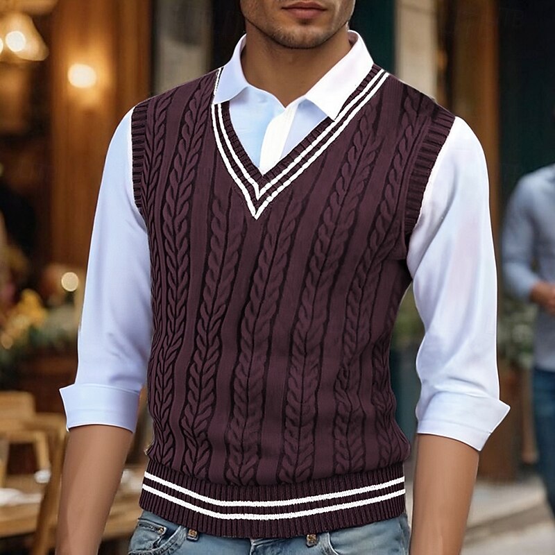 Cable Knit Sweater Vest Men's V-Neck Sleeveless Yellow Knitted Pullover – Casual, Office, Gift