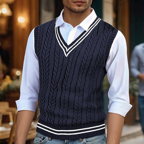 Cable Knit Sweater Vest Men's V-Neck Sleeveless Yellow Knitted Pullover – Casual, Office, Gift