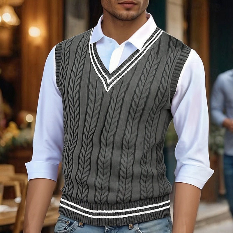 Cable Knit Sweater Vest Men's V-Neck Sleeveless Yellow Knitted Pullover – Casual, Office, Gift