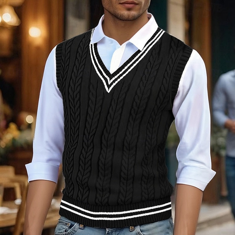 Cable Knit Sweater Vest Men's V-Neck Sleeveless Yellow Knitted Pullover – Casual, Office, Gift