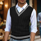Cable Knit Sweater Vest Men's V-Neck Sleeveless Yellow Knitted Pullover – Casual, Office, Gift