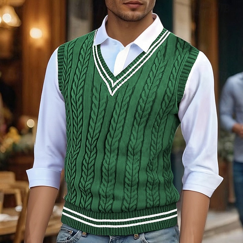 Cable Knit Sweater Vest Men's V-Neck Sleeveless Yellow Knitted Pullover – Casual, Office, Gift