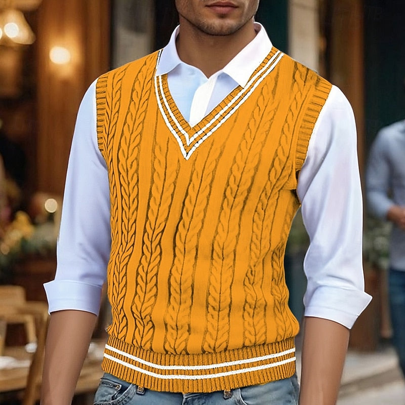 Cable Knit Sweater Vest Men's V-Neck Sleeveless Yellow Knitted Pullover – Casual, Office, Gift