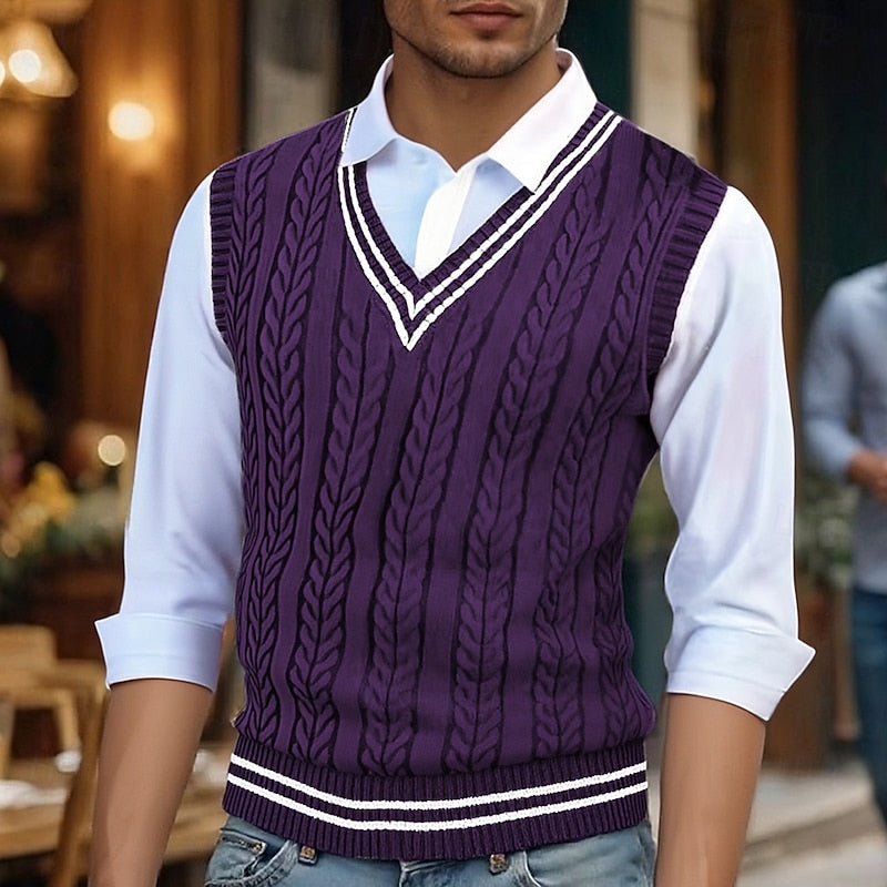 Cable Knit Sweater Vest Men's V-Neck Sleeveless Yellow Knitted Pullover – Casual, Office, Gift