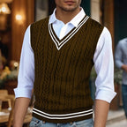 Cable Knit Sweater Vest Men's V-Neck Sleeveless Yellow Knitted Pullover – Casual, Office, Gift