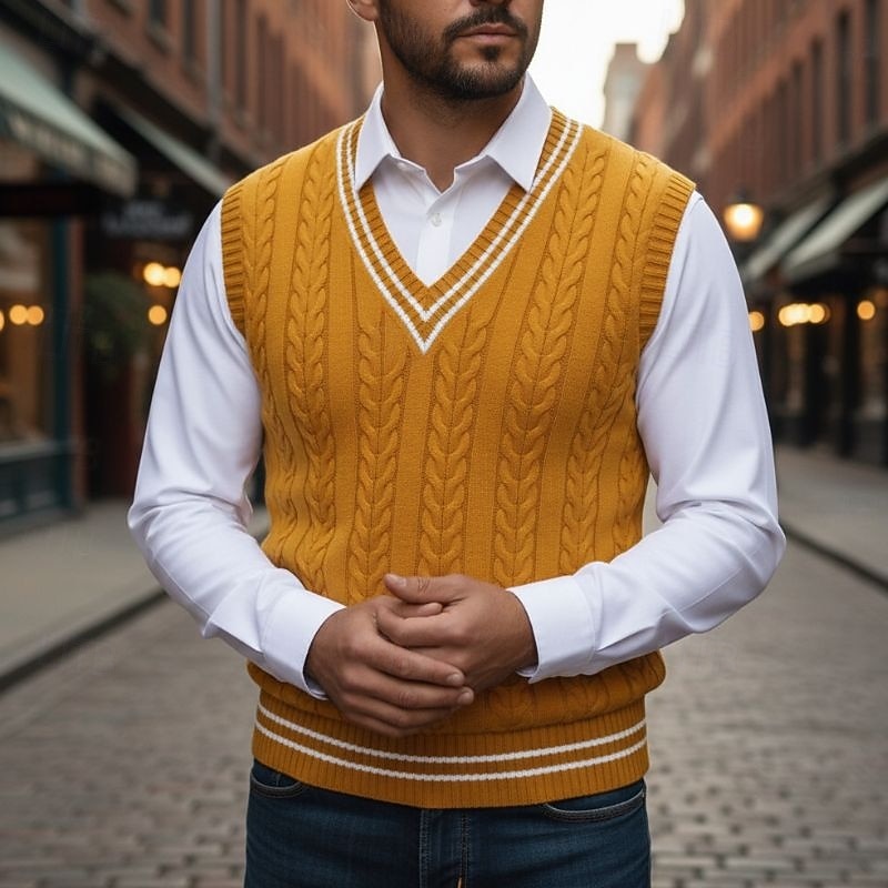 Cable Knit Sweater Vest Men's V-Neck Sleeveless Yellow Knitted Pullover – Casual, Office, Gift