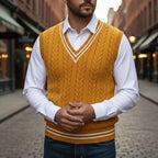 Cable Knit Sweater Vest Men's V-Neck Sleeveless Yellow Knitted Pullover – Casual, Office, Gift