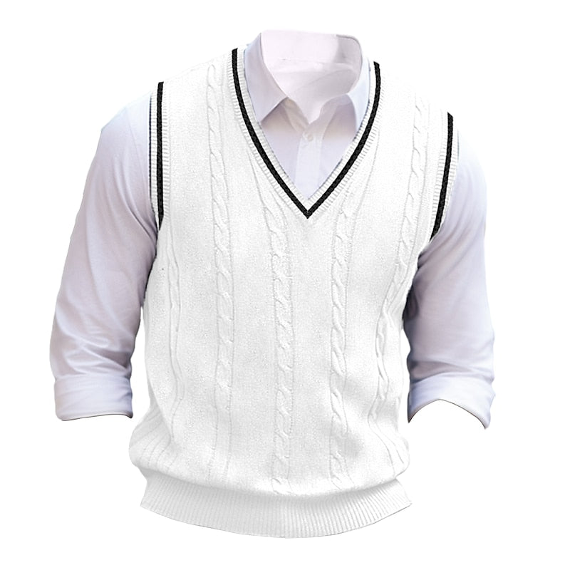 Cable-Knit Sweater Vest V-Neck Navy Men's Sleeveless Knitted Pullover – Casual, Office, Gift