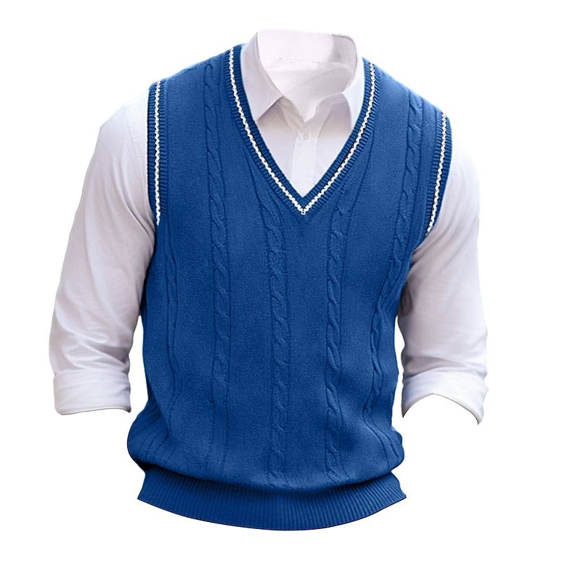 Cable-Knit Sweater Vest V-Neck Navy Men's Sleeveless Knitted Pullover – Casual, Office, Gift