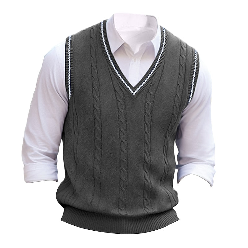 Cable-Knit Sweater Vest V-Neck Navy Men's Sleeveless Knitted Pullover – Casual, Office, Gift