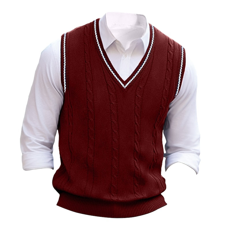 Cable-Knit Sweater Vest V-Neck Navy Men's Sleeveless Knitted Pullover – Casual, Office, Gift