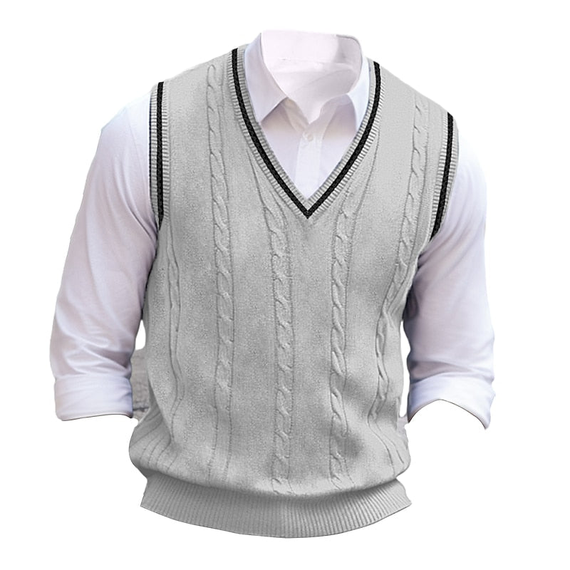 Cable-Knit Sweater Vest V-Neck Navy Men's Sleeveless Knitted Pullover – Casual, Office, Gift