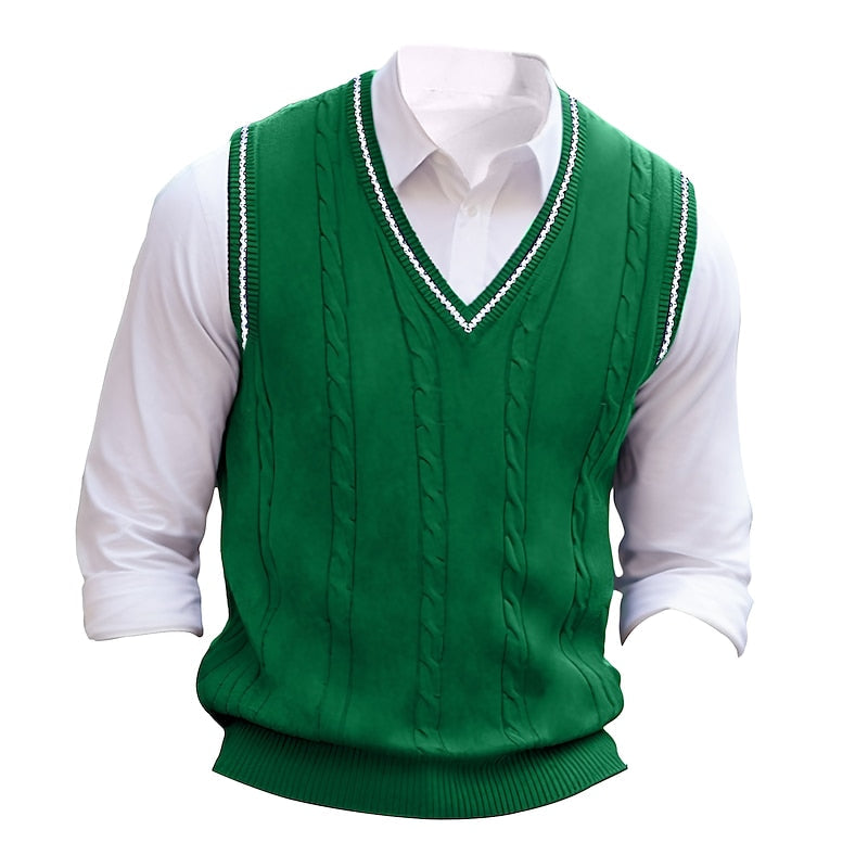 Cable-Knit Sweater Vest V-Neck Navy Men's Sleeveless Knitted Pullover – Casual, Office, Gift