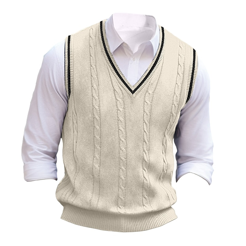 Cable-Knit Sweater Vest V-Neck Navy Men's Sleeveless Knitted Pullover – Casual, Office, Gift