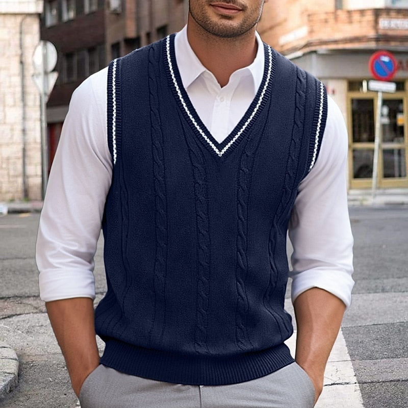 Cable-Knit Sweater Vest V-Neck Navy Men's Sleeveless Knitted Pullover – Casual, Office, Gift