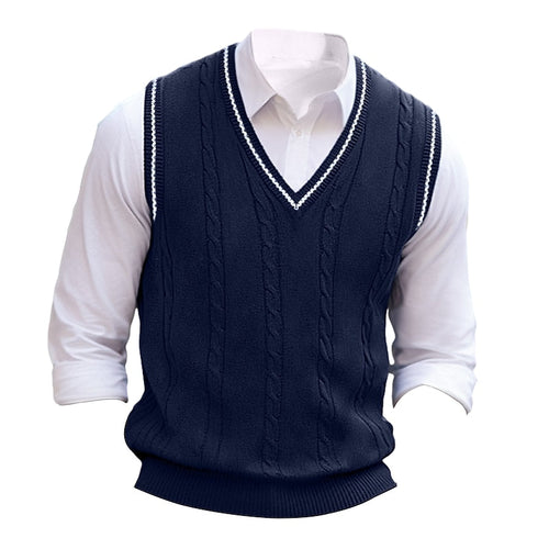Cable-Knit Sweater Vest V-Neck Navy Men's Sleeveless Knitted Pullover – Casual, Office, Gift