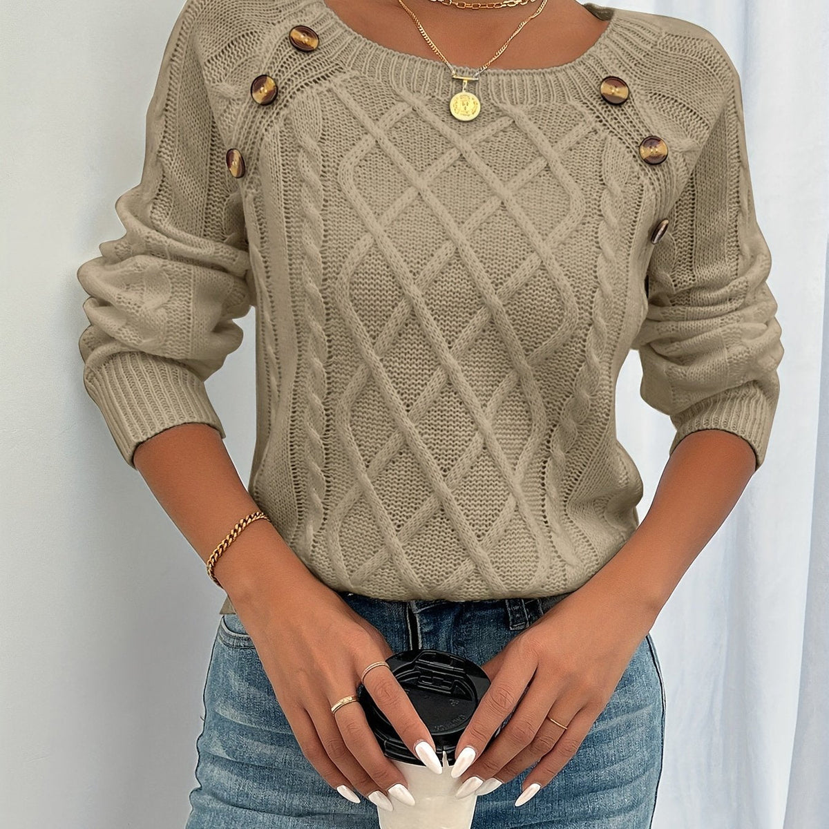 Cable Knit Sweater White Long Sleeve Women's Square Neck Button Shoulder Pullover – Casual, Office