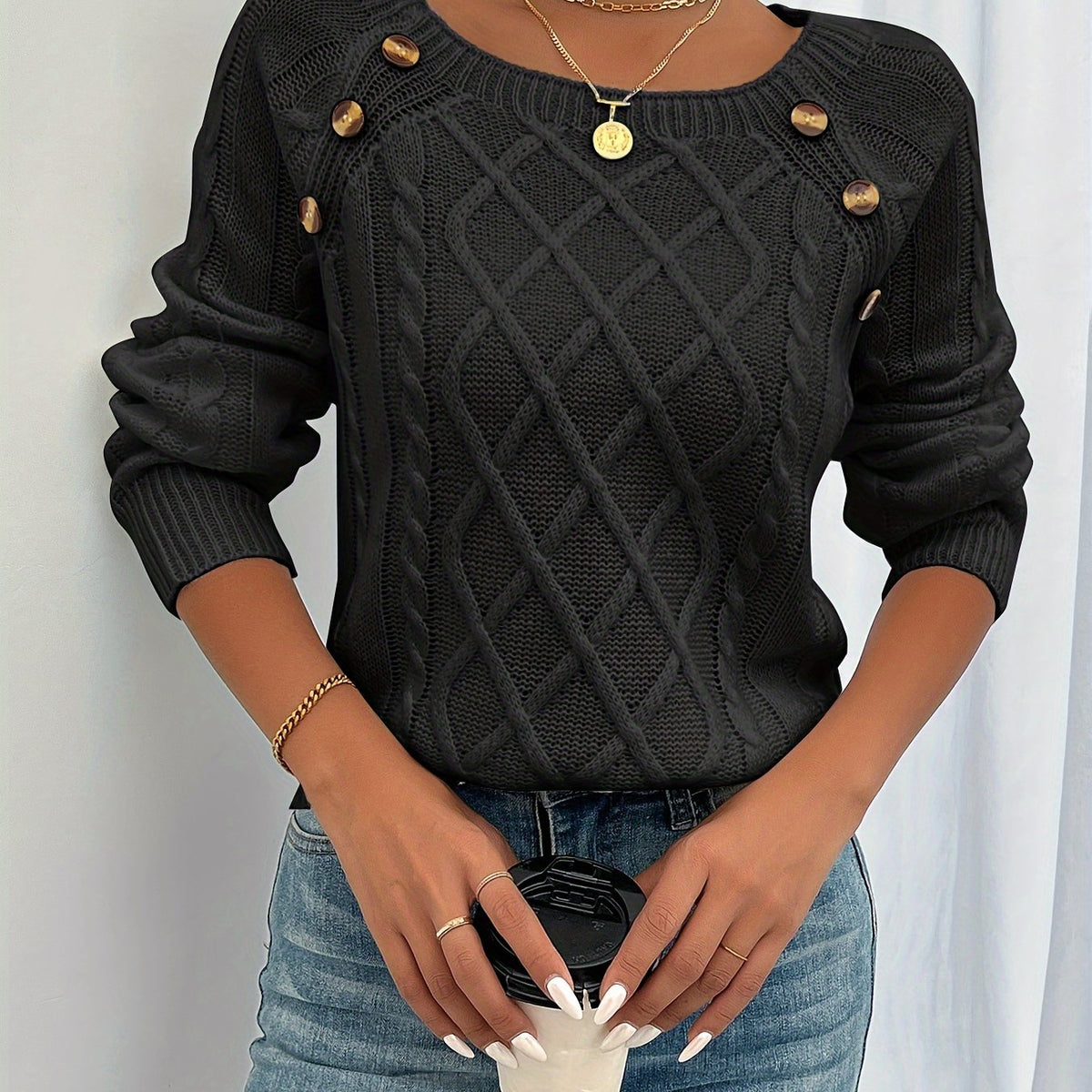 Cable Knit Sweater White Long Sleeve Women's Square Neck Button Shoulder Pullover – Casual, Office