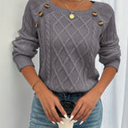 Cable Knit Sweater White Long Sleeve Women's Square Neck Button Shoulder Pullover – Casual, Office