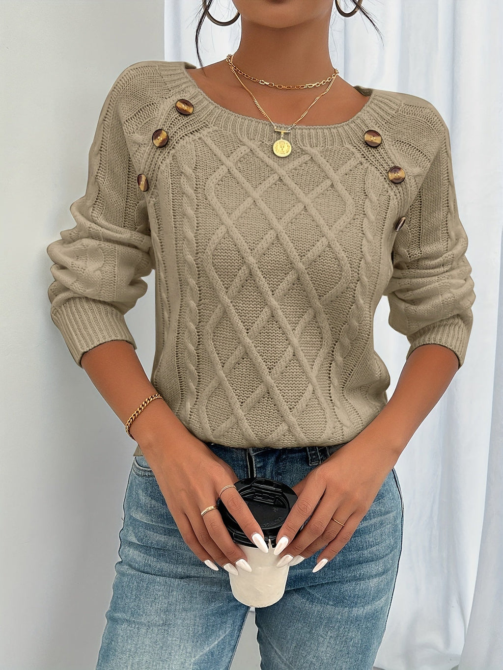 Cable Knit Sweater White Long Sleeve Women's Square Neck Button Shoulder Pullover – Casual, Office
