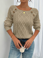 Cable Knit Sweater White Long Sleeve Women's Square Neck Button Shoulder Pullover – Casual, Office