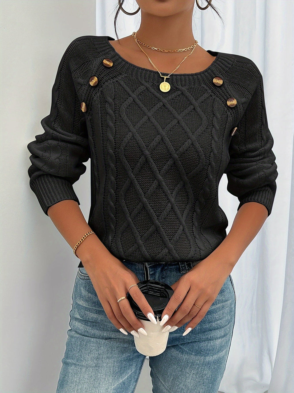 Cable Knit Sweater White Long Sleeve Women's Square Neck Button Shoulder Pullover – Casual, Office